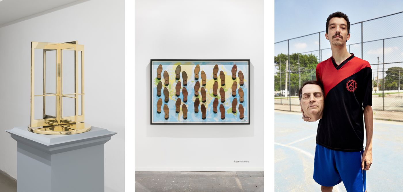 “Monumento a la corrupción” (2021)  y “Mapa político de los derechos humanos pisoteados en el mundo” (2024). Cortesía del artista y de la galería ADN. Fotos: Roberto Ruíz /  “Freedom Kick” (2020). Foto: Jason Goodrich