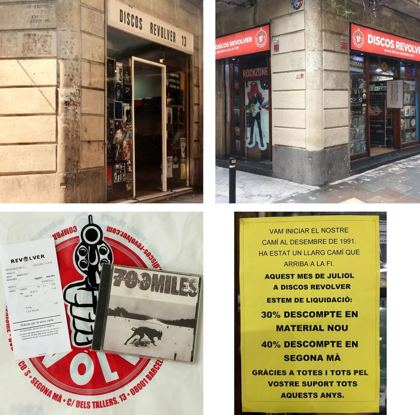 La fachada de la tienda a lo largo de los años, el tique de la última venta (disco de 700 Miles) y el cartel que anunciaba el cierre.<a href="https://www.instagram.com/discosrevolver/" target="_blank"> Ver en Instagram </a>