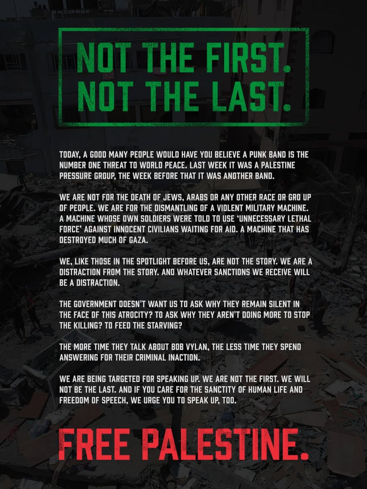 Comunicado en redes de Bob Vylan.<a href="https://www.instagram.com/p/DLkA_yQoDNs/?utm_source=ig_web_copy_link&igsh=MzRlODBiNWFlZA==" target="_blank"> Ver en Instagram </a>