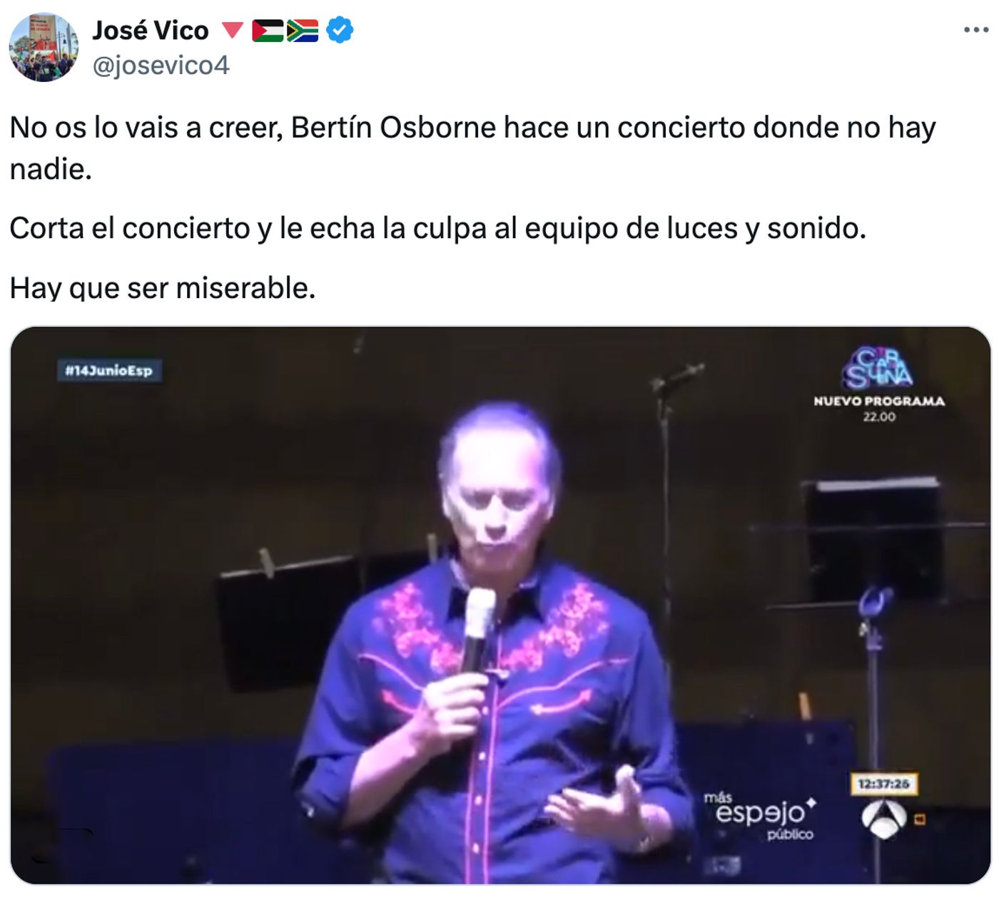 La culpa es del de las luces y el sonido.<a href="https://x.com/josevico4/status/1805872529635979586" target="_blank"> Ver tuit </a>