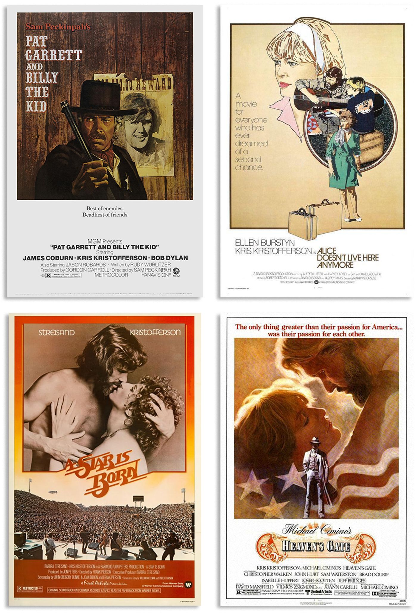 “Pat Garrett & Billy The Kid” (1973), “Alicia ya no vive aquí” (1974), “Ha nacido una estrella” (1976) y  “La puerta del cielo” (1980).