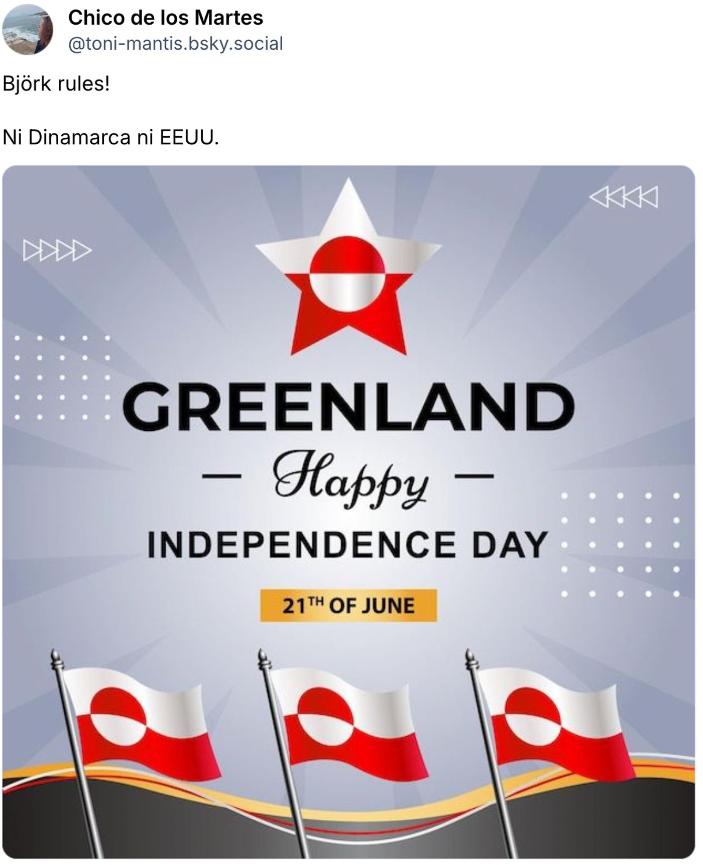 Celebración del autogobierno de Groenlandia.<a href="https://bsky.app/profile/toni-mantis.bsky.social/post/3mbs2iaq7nc2h" target="_blank"> Ver post </a>
