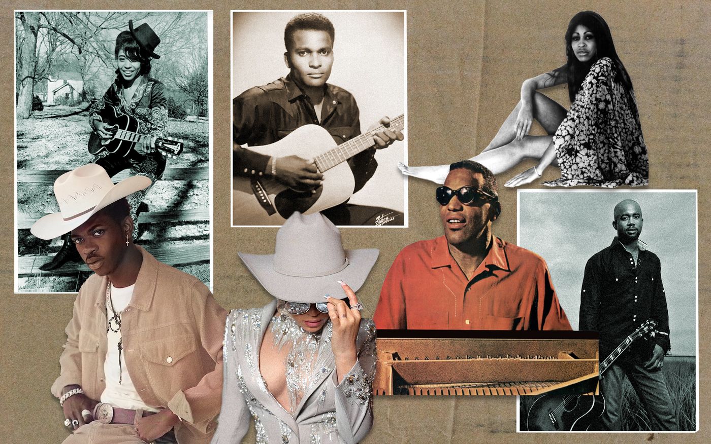 Arriba: Linda Martell, Charley Pride y Tina Turner. Debajo: Lil Nas X, Beyoncé, Ray Charles y Darius Rucker.