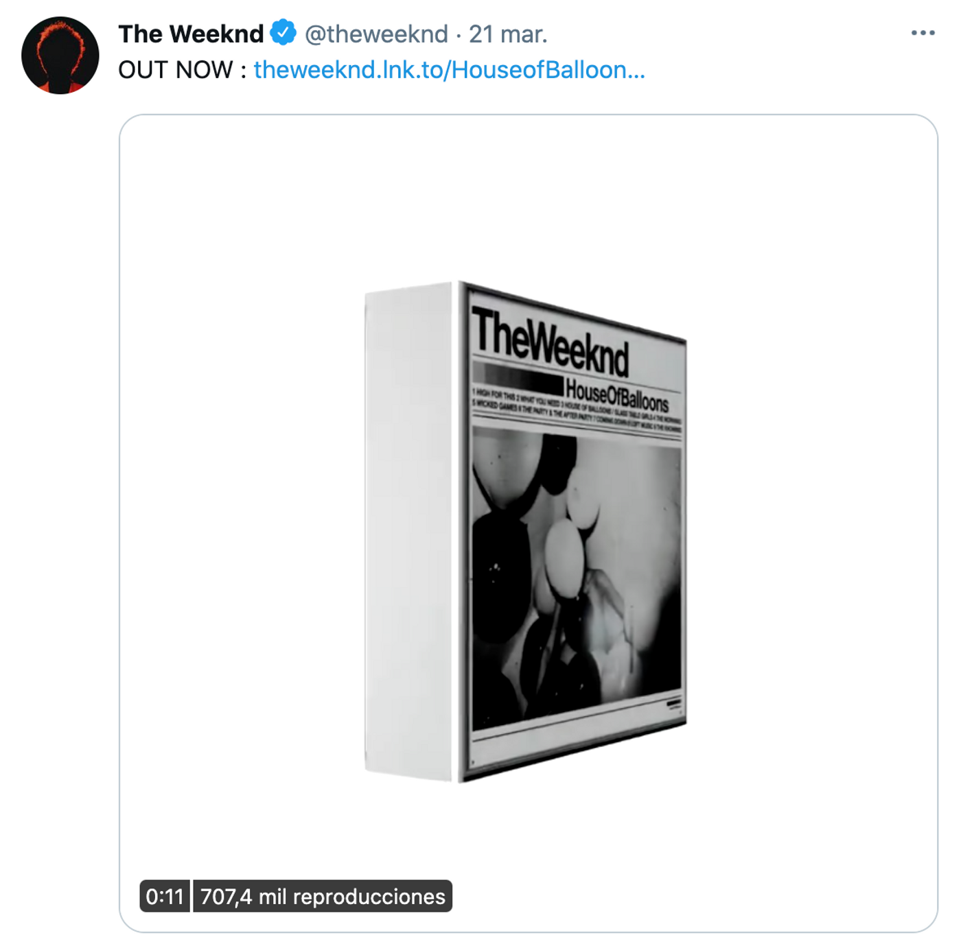 Diez años de “House Of Balloons”. <a href="https://twitter.com/theweeknd/status/1373488955144826887" target="_blank">Ver tuit</a>