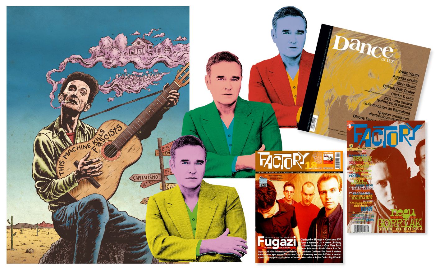 Woody Guthrie (2012; ilustración de Miguel Breva para la portada del RDL #310: 100 años matando fascistas). / Morrissey en 3 colores: para la portada del RDL #332 (2014). / Dancedelux y Factory: Sonic Youth, Negu Gorriak  y Fugazi en portada.