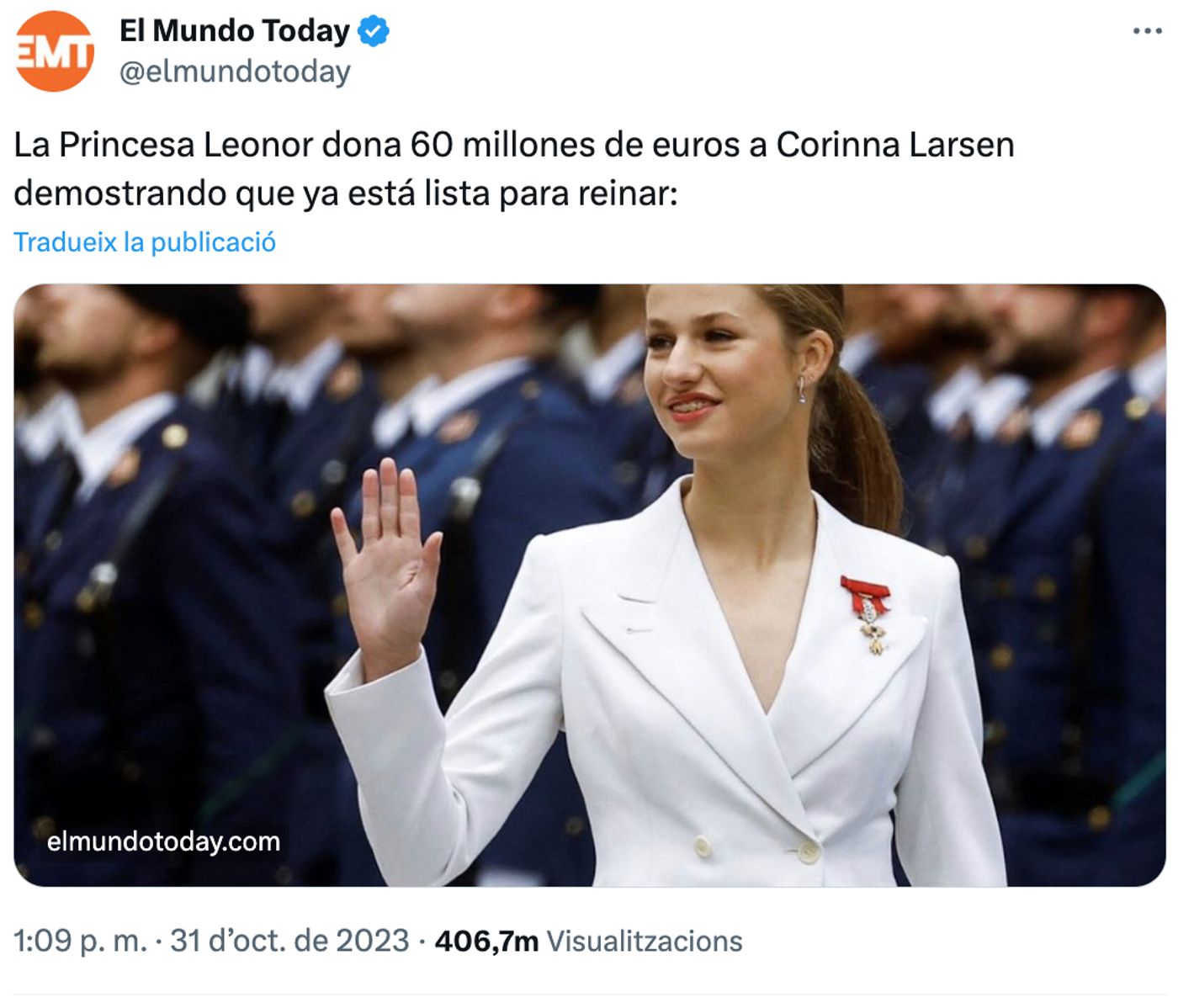 Leonor, España está en tus manos.<a href="https://twitter.com/elmundotoday/status/1719325715093405973" target="_blank"> Ver tuit </a>