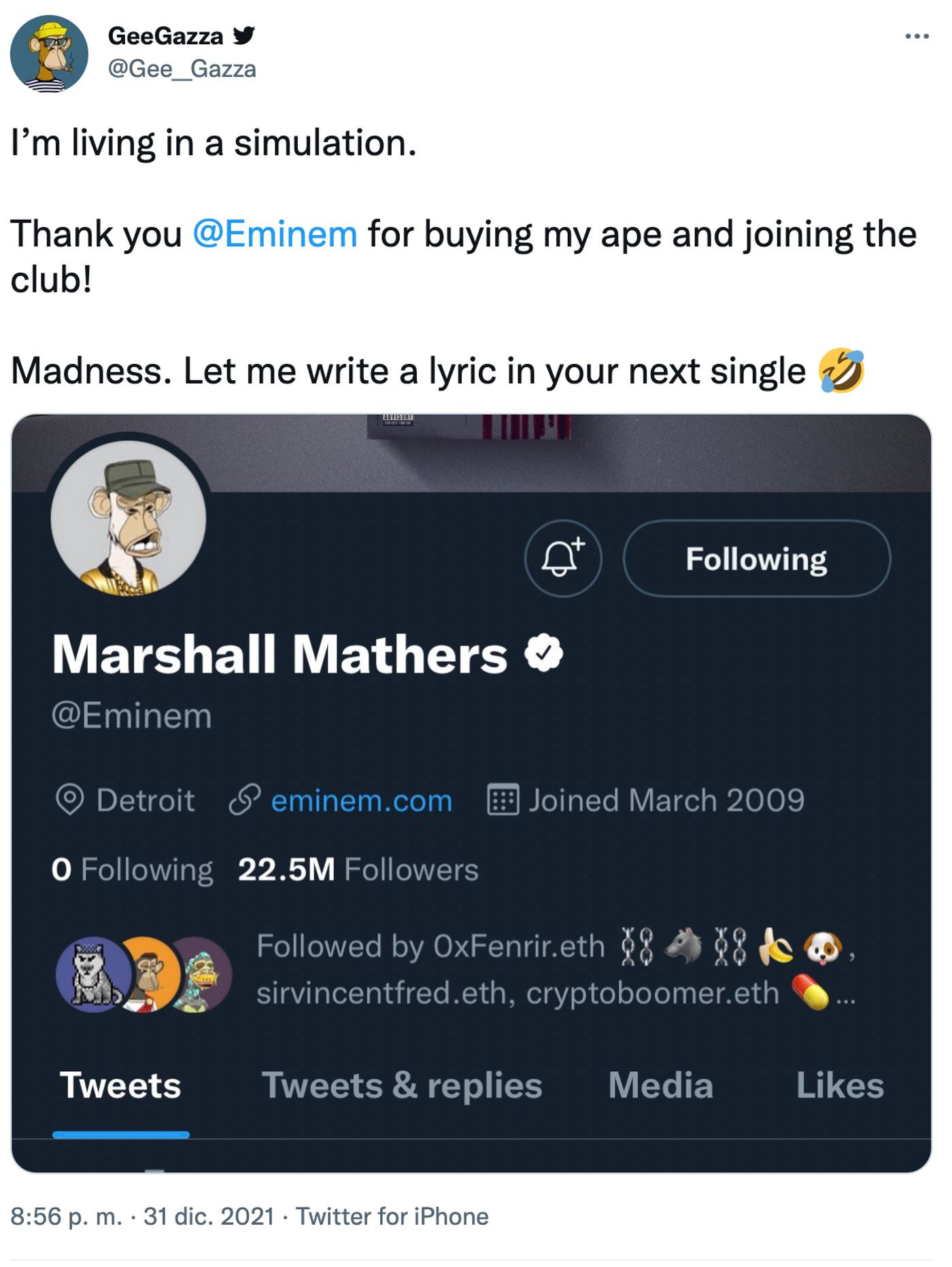 ¿Viviendo en una simulación, Eminem? <a href="https://twitter.com/Gee__Gazza/status/1477005759359733771?s=20&t=yRsZuYPIOST3nMH_R8QzrQ" target="_blank"> Ver tuit </a>